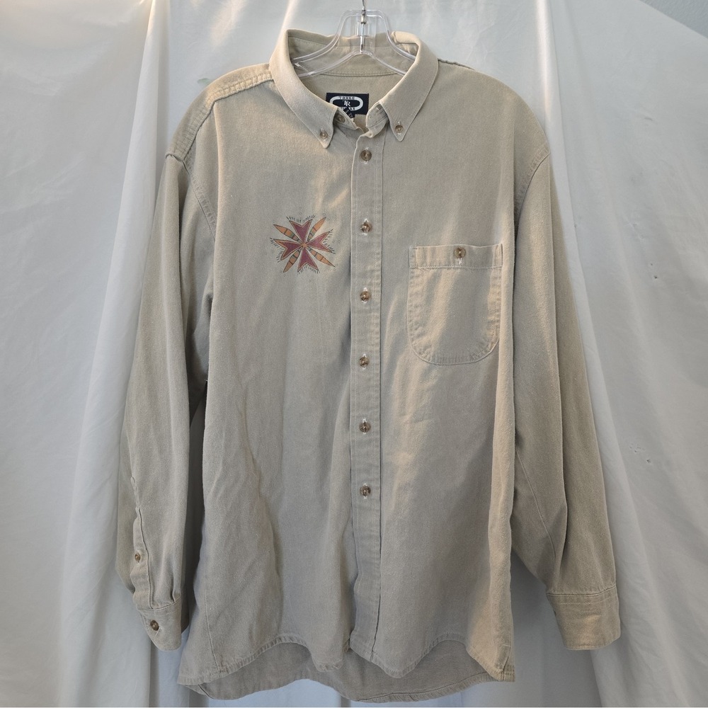 Vtg Three Rivers Southwestern Graphics Button Down Shirt Men's L Beige Cotton